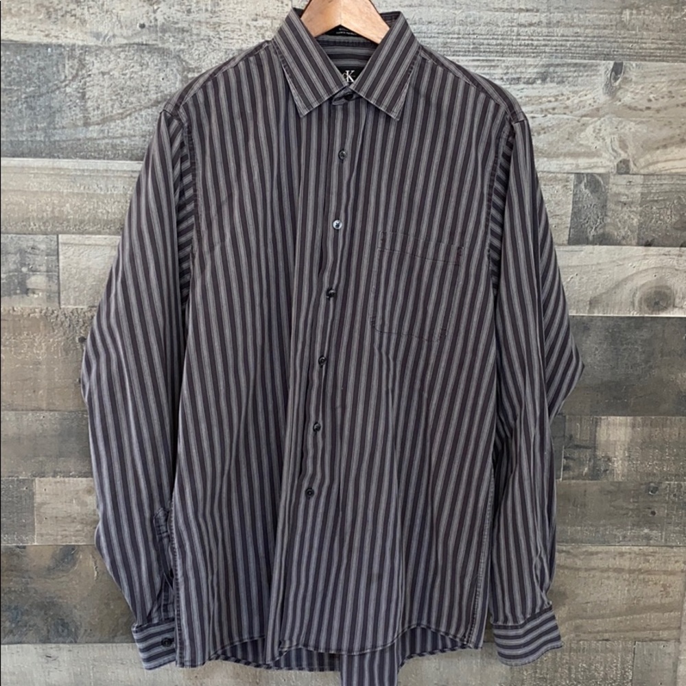 Gray Striped Calvin Klein Button Down Ling Sleeve Shirt